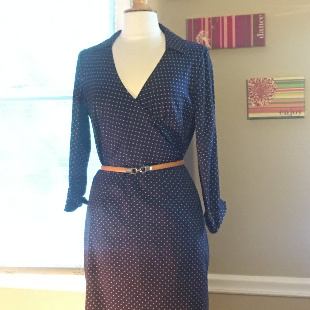 Ann Taylor Nay/white polka dot faux wrap dress